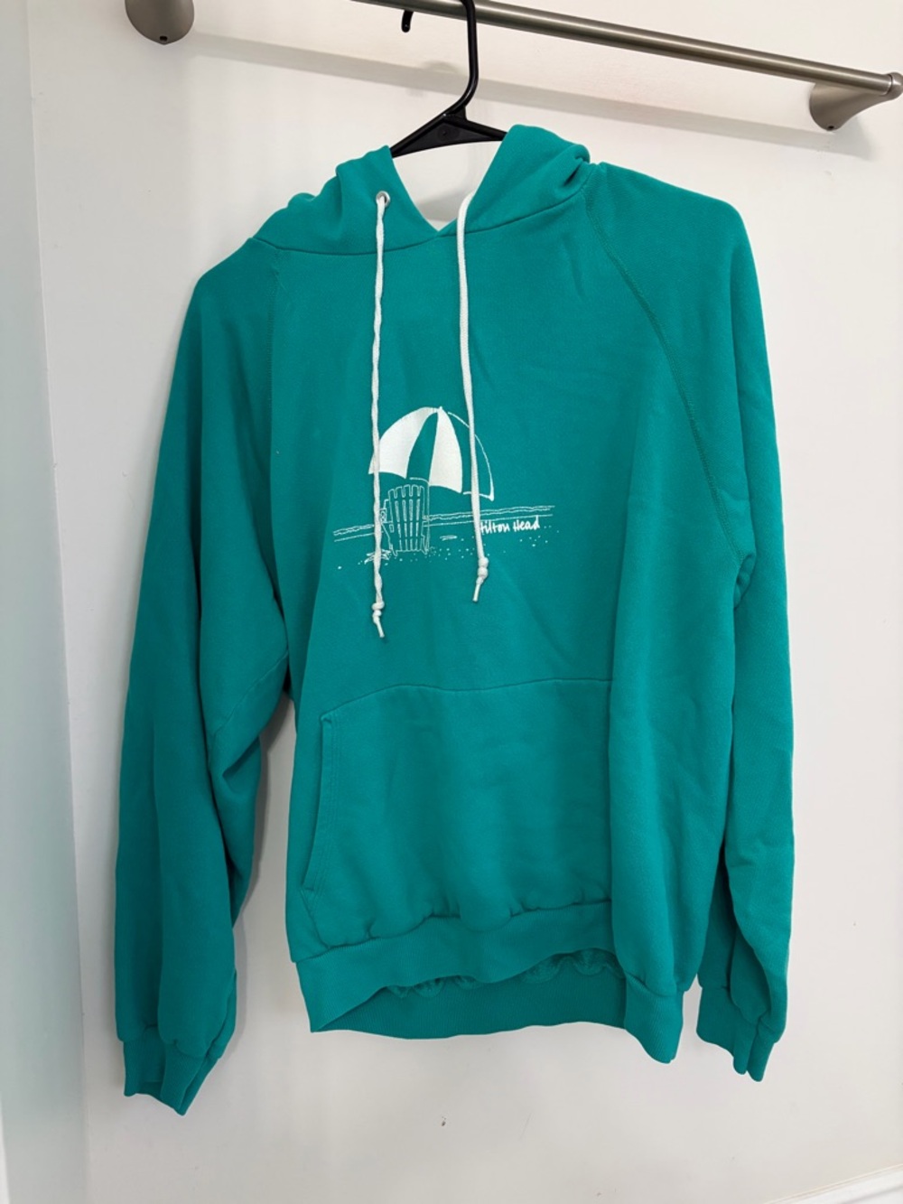 Vintage Hanes Teal Hooded‎ Sweatshirt with White Beach Graphic